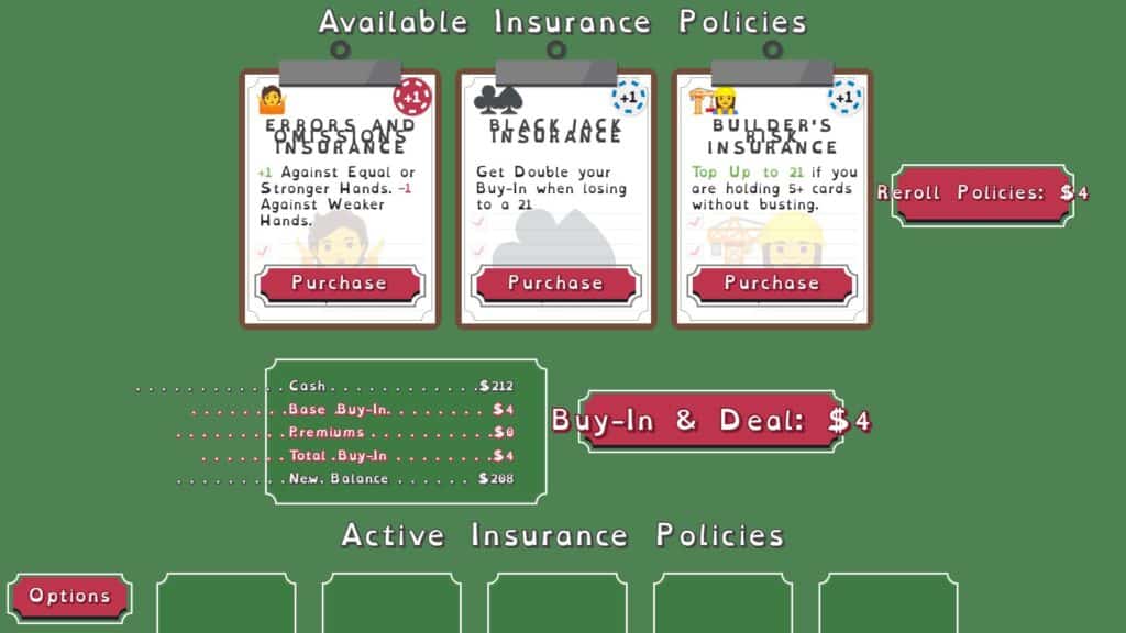 Three fresh insurance cards appear for purchase before the next Blackjack Roulette deal.