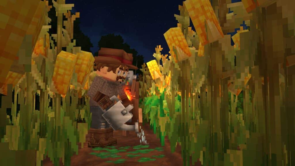 A farmer waters young plants in a cornfield at night in Hytale