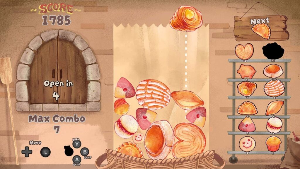 A growing stack of pastries fills the basket during a high-score run in PancitoMerge