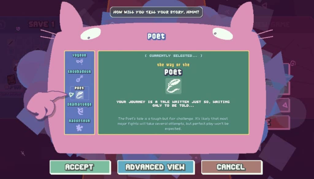The Poet path is highlighted on a character choice screen in Scrabdackle