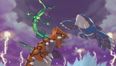 Three powerful Pokémon face off in the sky in Pokémon Legends ZA as lightning cracks around them. Each one charges forward with dramatic energy