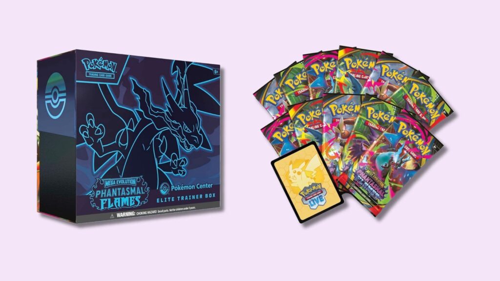 A colorful selection of Pokemon cards and an elite trainer box form a bright gift for fans