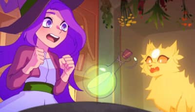 A young witch reacts with excitement as a glowing potion floats nearby in Potions A Curious Tale