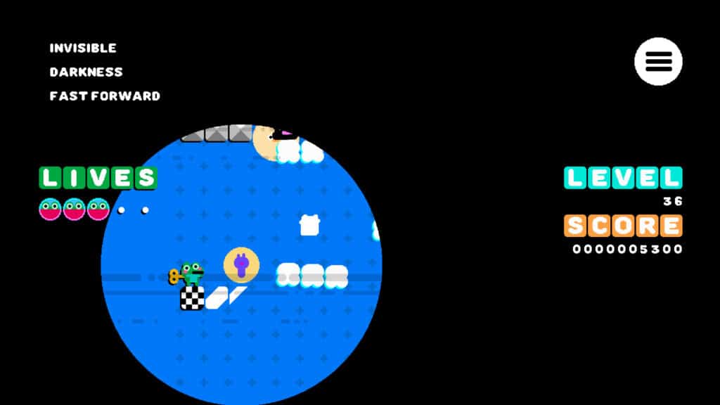 A Frogspin level shows a frog character navigating platforms inside a circular spotlight area