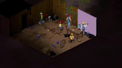 picture of multiplayer coop in Project Zomboid, with players painting a house.