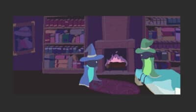 Two wizards share a calm moment by the fireplace in Scrabdackle