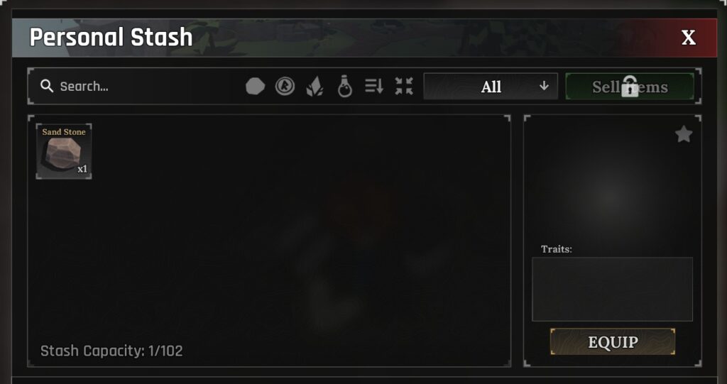 The Personal Stash menu displaying a Sand Stone item in Roblox: The Forge