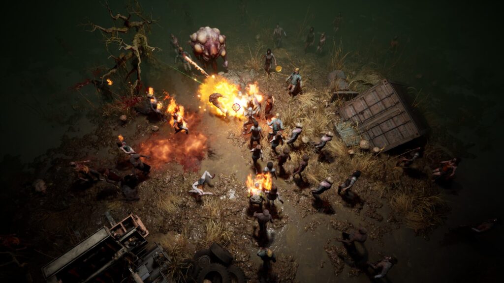 A survivor fights through burning mobs in R.I.P. Reincarnation Insurance Program as a huge creature charges from the fog