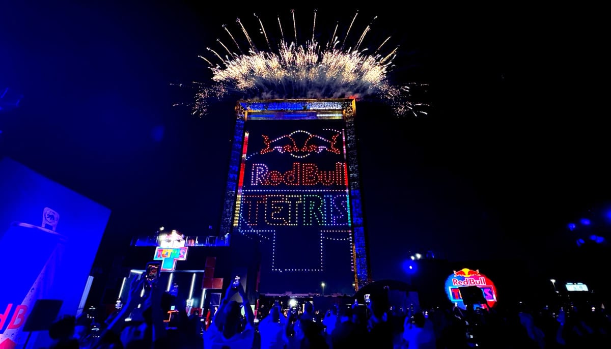 Massive Red Bull Tetris drone display lighting up the sky during the Tetris World Finals in Dubai