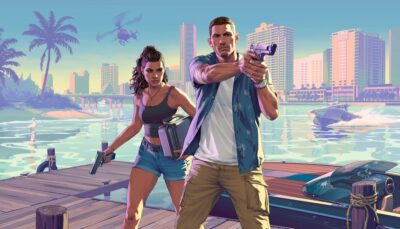 Two armed characters stand ready on a sunlit marina with a modern city skyline in GTA