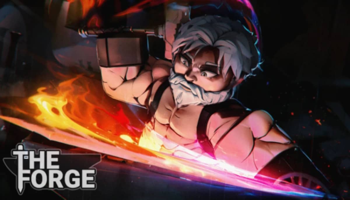A blacksmith character forging a glowing blade in Roblox: The Forge