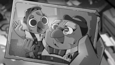 A black and white photo from The Golden Caravan shows two cheerful owl characters posing together. The worn edges make it look like an old keepsake
