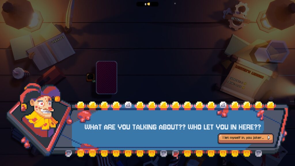 A grinning joker character delivers dialogue during a tense moment in This Ain’t Even Poker Ya Joker
