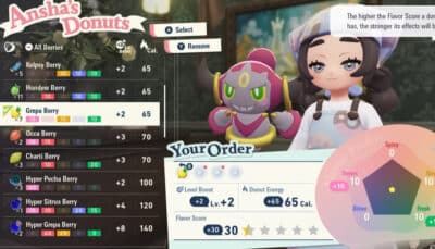 A detailed donut crafting menu with berries and flavor stats is shown in Pokémon Legends Z-A