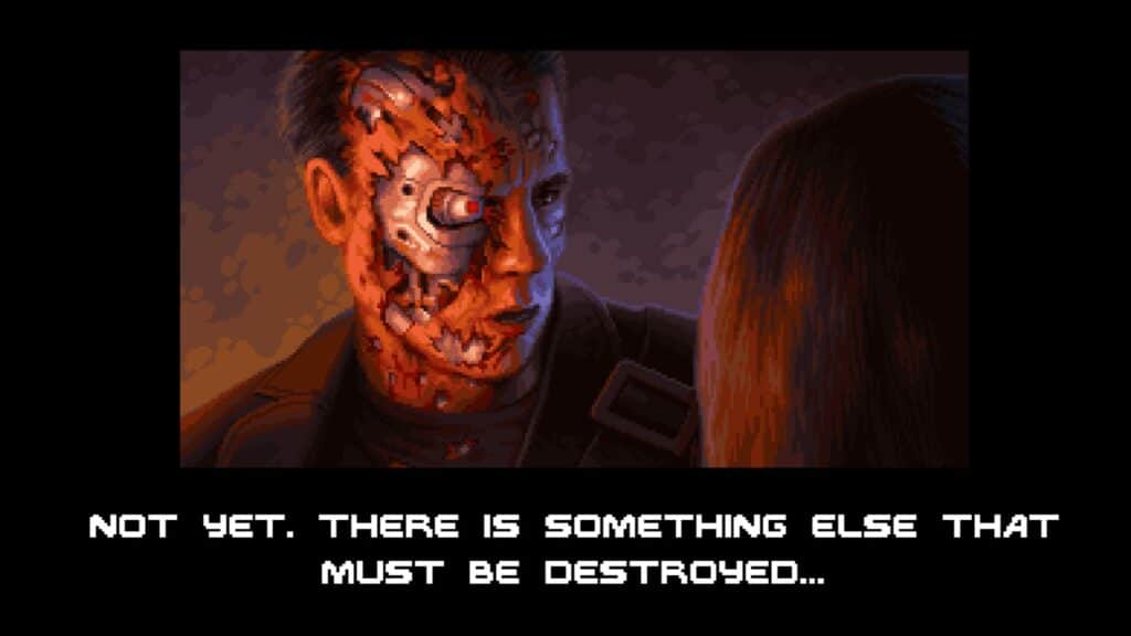 The damaged Terminator delivers a grave message in a tense scene from Terminator 2D