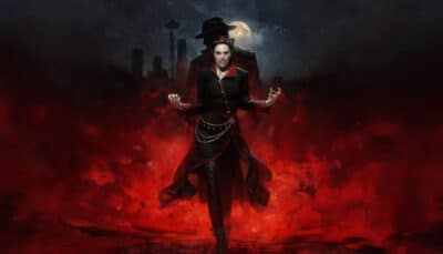 A furious vampire strides through red mist with clenched fists in Vampire The Masquerade Bloodlines 2