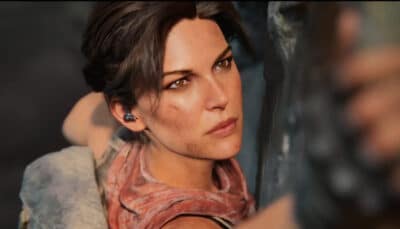 Lara Croft looks focused during a tense moment in Tomb Raider Catalyst