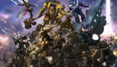 Multiple Warhammer factions clash atop a battlefield as elite warriors charge into close combat