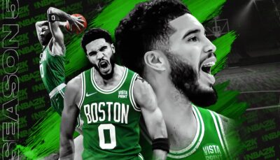 A stylized promo image highlights Jayson Tatum in Boston colors as a star athlete in NBA 2K Mobile
