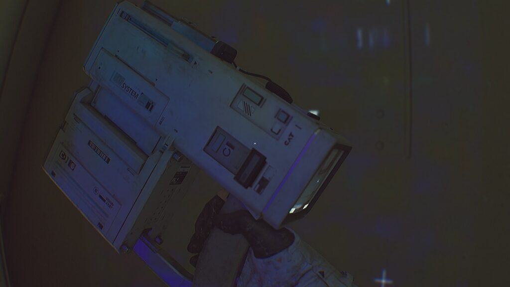 The C.A.T. tool held by the player in ROUTINE, shown in dim retro-futuristic lighting
