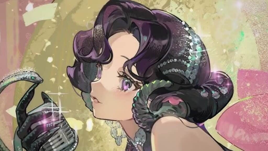 A stylized Reverse 1999 character holds a microphone in a theatrical illustration