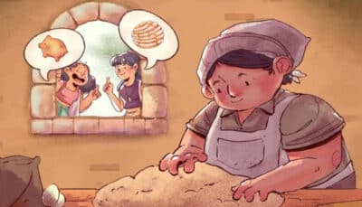 Kids excitedly point out their favorite pastries as the baker prepares fresh dough in PancitoMerge