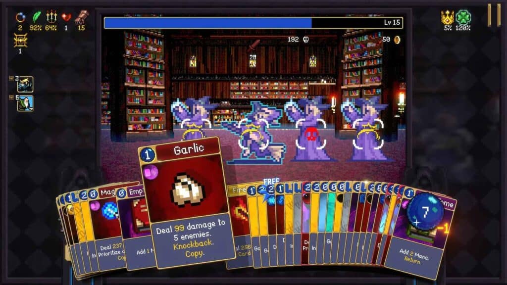 Vampire Crawlers first-person battle showing deckbuilding combat with Garlic card and pixel-art witch enemies