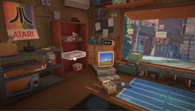 A cozy repair room filled with vintage computers and tools invites careful work in ReStory