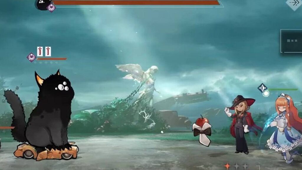 Reverse 1999 combat includes a large black creature facing two stylized allies