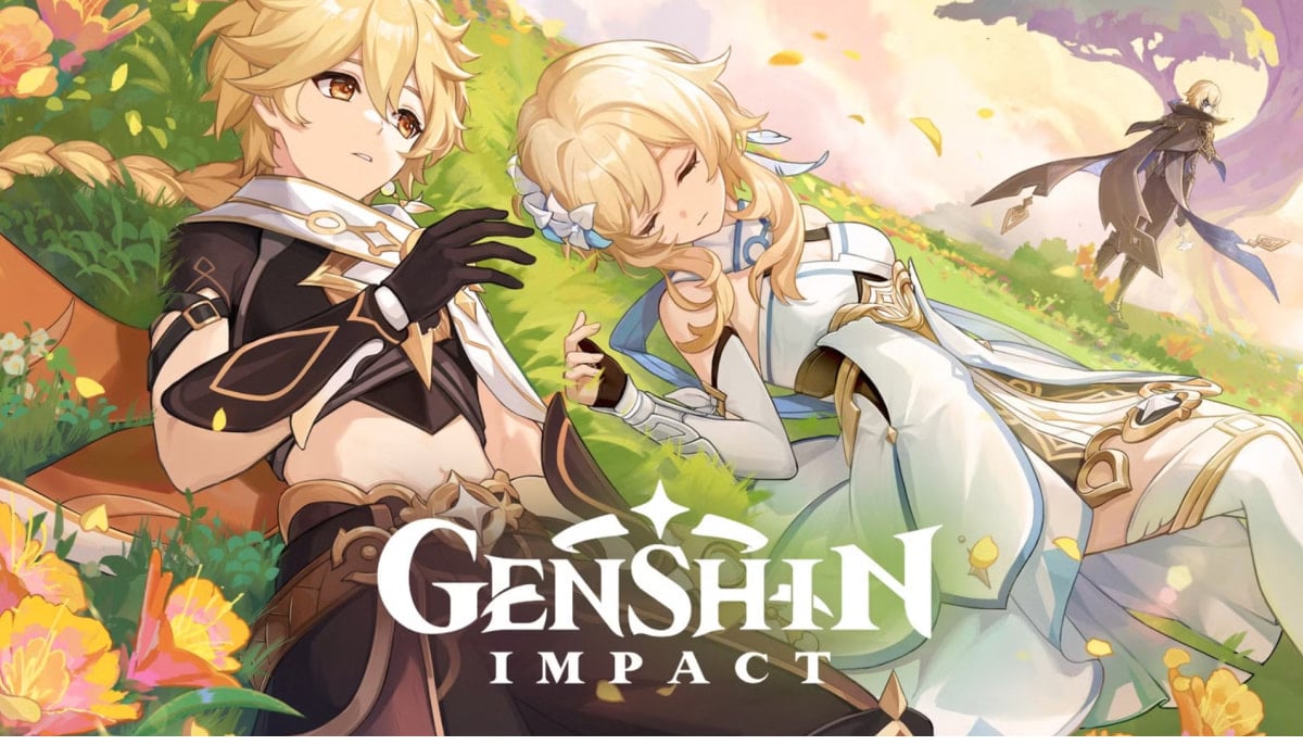 Two Genshin Impact heroes rest on a grassy hill while golden leaves fall around them at sunset