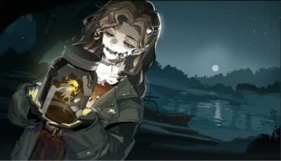 A quiet night scene in Reverse 1999 shows a girl holding a glowing jar near the water