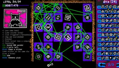 Bright green lines link dozens of dice across the Mouse level in Balls, Dice & Stickers