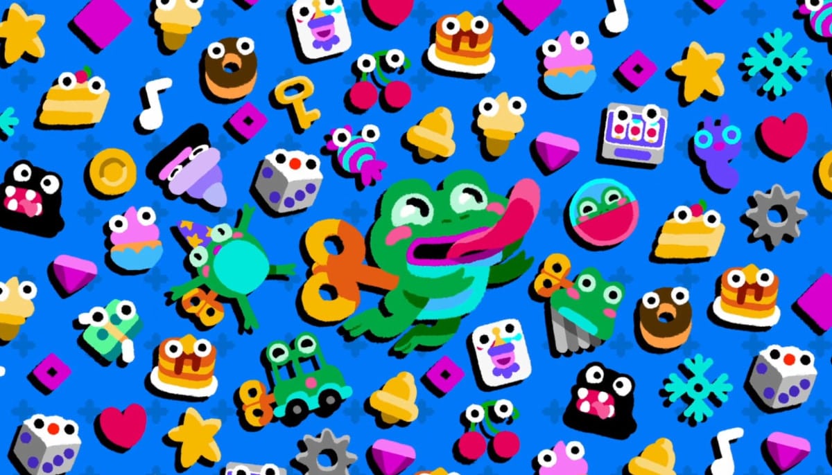 A playful Frogspin background shows frogs sweets and icons scattered across a bright blue screen