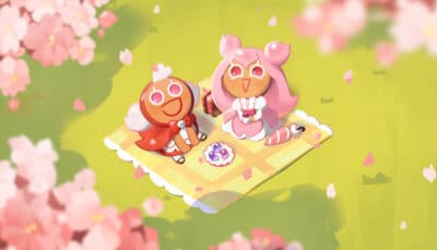 Two Cookie Run Kingdom characters enjoy a peaceful picnic under blooming cherry trees
