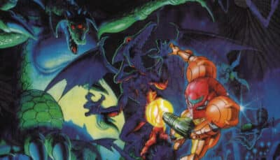 Samus Aran fires her arm cannon at towering alien creatures in Metroid artwork