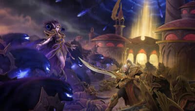 WoW Midnight artwork shows a dark sorceress facing a golden armored champion amid a city under siege