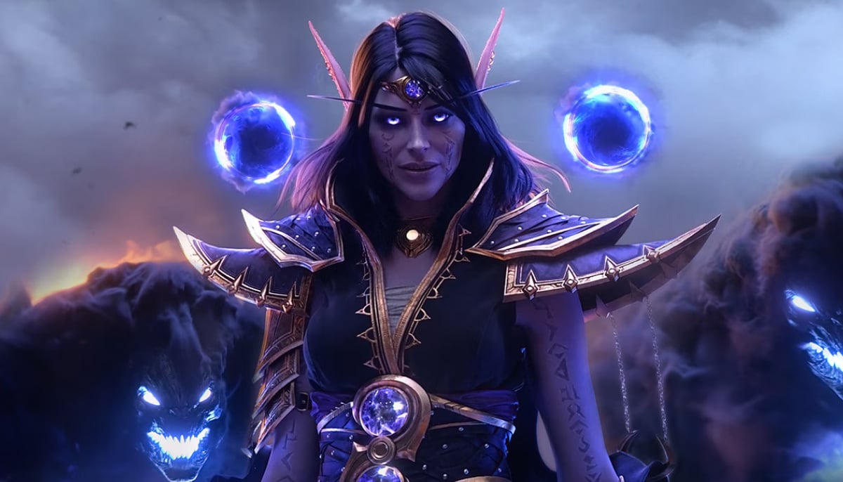A glowing elf channels dark magic as looming threats gather in WoW Midnight