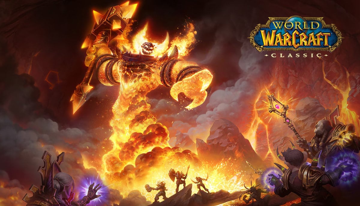 A massive fire elemental towers over heroes during a dramatic clash in World of Warcraft Midnight