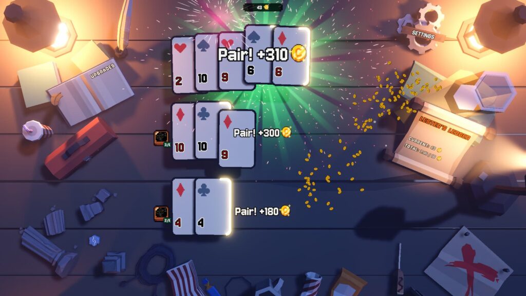 Multiple card pairs light up as coins burst across the table in This Ain’t Even Poker Ya Joker
