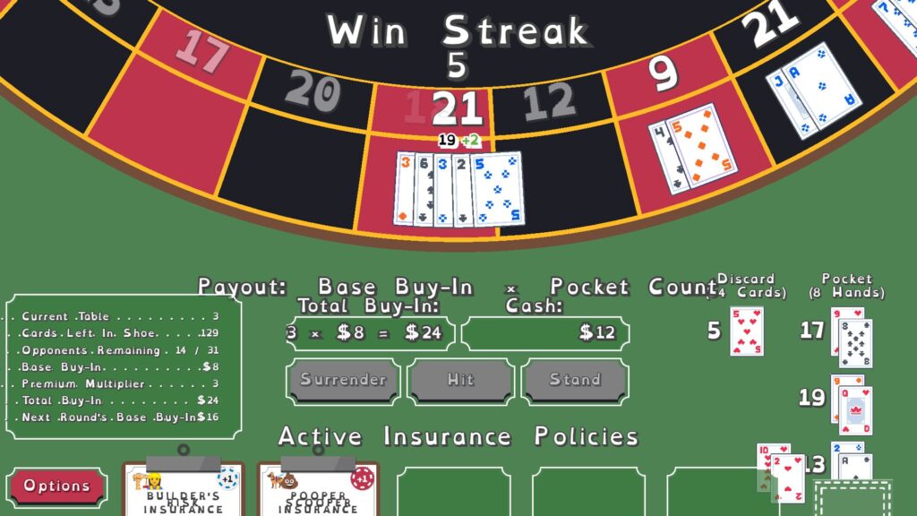 The wheel lands on twenty one as the player continues their win streak in Blackjack Roulette