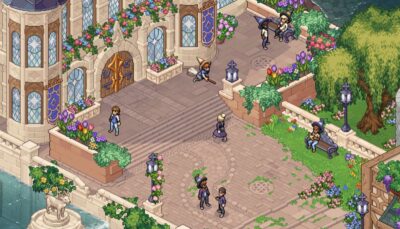 Students roam a bright courtyard in Witchbrook filled with flowers, benches, and ornate stonework. A young witch practices flying near the academy steps.