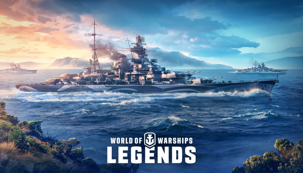 A massive battleship cuts through open water under a dramatic sky in World of Warships Legends