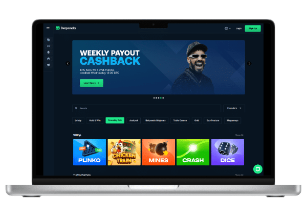 BetPanda landing page featuring weekly cashback promo and top games