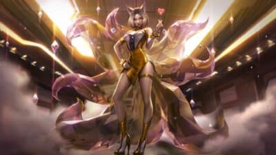 Ahri character from League of Legends in a gold outfit.