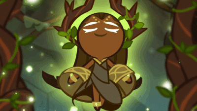 Cookie Run Kingdom Millennial Tree Cookie in a forest with flowing robes and a headdress.