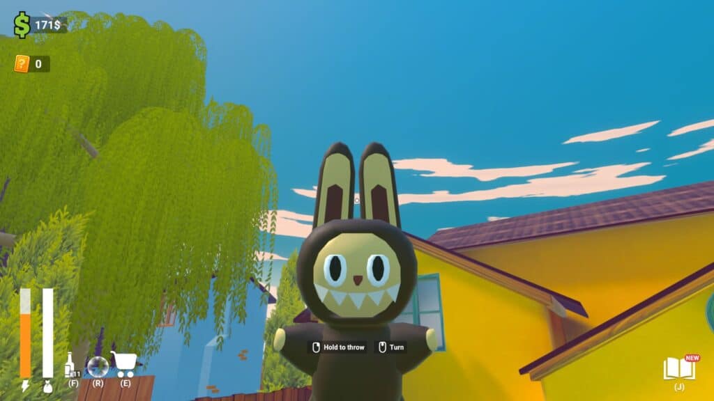 「妻が私のカードコレクションを投げ捨てた」では、不気味なウサギのおもちゃが空に向かって掲げられている