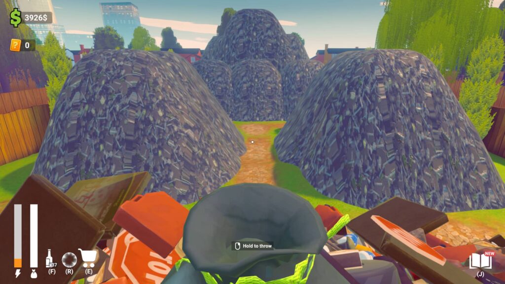 『妻が私のカードコレクションを捨てた』では、高く積み重なったガラクタの山の間を小道が曲がりくねって通っています。