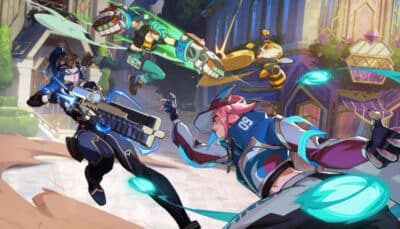 Several fighters clash at once with energy effects flying through a colorful city arena in 2XKO