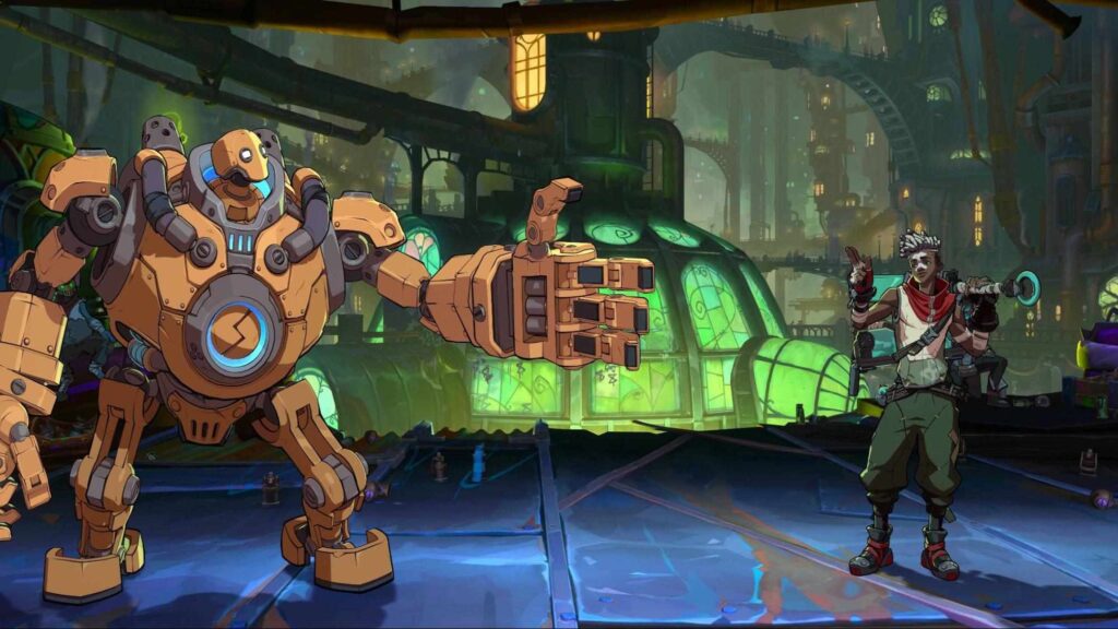 A 2XKO match scene showing Vi and Jinx fighting in a crowded bar stage while players wait through login queues.