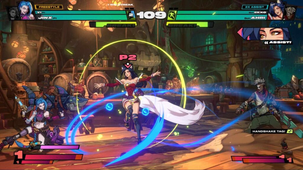 Gameplay from 2XKO featuring Jinx, Ahri, and Ekko during an online match amid server status issues.
